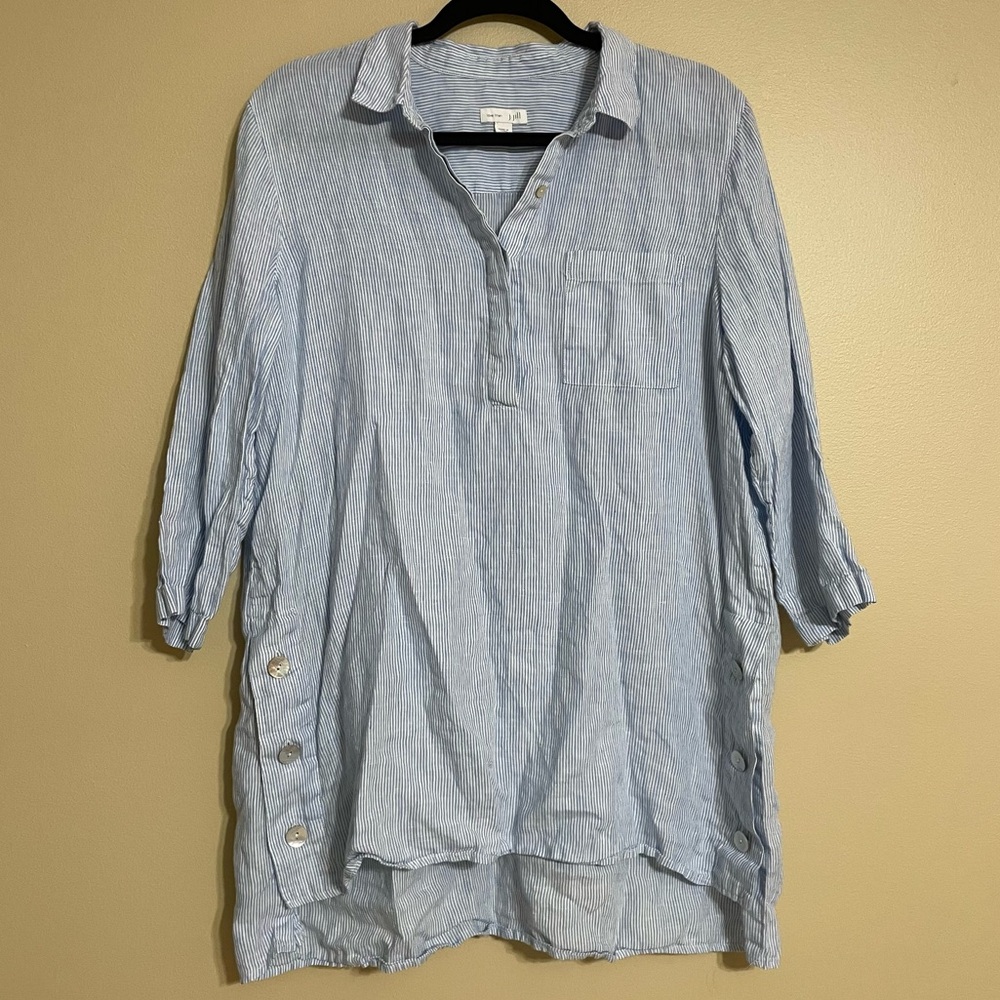 J.JILL love Linen‎ Tunic Top Blouse blue white stripe size medium